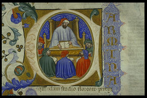 Boethius teaching his students (initial from a 1385 Italian manuscript of the Consolation of Philosophy)