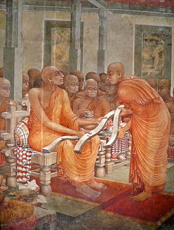 Buddhaghosa offering the Visuddhimagga to the chief monk.
