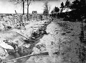 Confederate dead behind the stone wall of Marye's Heights, Fredericksburg, Virginia, killed during the Battle of Chancellorsville, May 1863