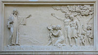 Comenius on relief at school building in Dolany, Czech Republic.