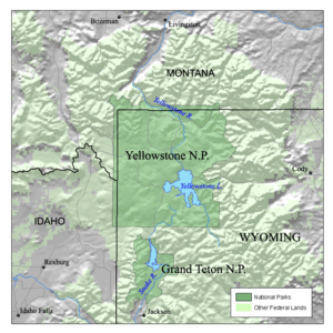 Map of the area around Yellowstone National Park showing the extent of federal lands surrounding the park