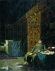 Bad News from France, painting depicting Napoleon encamped in a Russian Orthodox church (Vasily Vereshagin, part of his series, "Napoleon, 1812," 1887–1895).