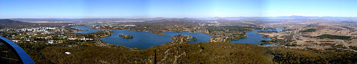Panoramic view of Canberra and Lake Burley Griffin set against the backdrop of distant New South Wales
