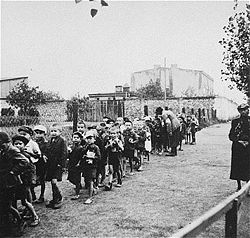 Children being marched to the trains that will take them to their death