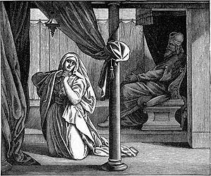Hannah prays for a son while the tabernacle priest Eli listens, thinking her to be drunk.