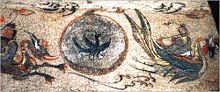 Three-legged bird flanked by dragon and phoenix. Mural from the Koguryo period, Korea