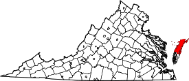 Map of Virginia highlighting Accomack County on the island of Assateague