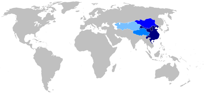 Taizong "reign" 616-649 Colors show the succession of Taizong (Tang) conquest in Asia : ██  Shanxi (617 : his father is governor, Taizong encouraged him to revolt.) ██  Sui's Empire Protector (618). Tang dynasty 618. Controlled all of Sui's China by 622-626. ██  Submit the Oriental Turks territories (630-682) ██  Tibetan's King recognizes China as their emperor (641-670) ██  Submit the Occidental Turks territories (642-665)  (idem) add the Oasis (640-648 : northern Oasis; 648 : southern Oasis) ██  [Not shown in the map: Conquest of Korea by his son (661-668)] The two darkest areas are truly the Chinese empire, the 3 lightest areas are temporarily vassalized. Borders are not factual, they are indicatives.