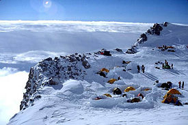 High camp (17,200 feet) of the West Buttress Route pioneered by Bradford Washburn, photographed in 2001