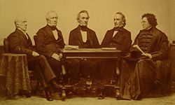Five Harvard University Presidents sitting in order of when they served. L-R: Josiah Quincy III, Edward Everett, Jared Sparks, James Walker, and Cornelius Conway Felton.