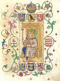 Corvinus heraldry as depicted in Johannes de Thurocz's German manuscript (1490).