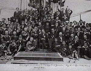 Admiral Roze (center) and a quarter of his sailors, on the frigate "La Guerriere." Circa 1865 photograph, during a visit in Nagasaki harbor.