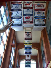 NCAA 2006 championship banners hang inside the NCAA Hall of Champions in Indianapolis