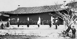 Japanese Gatling guns set up in Gangwa, Korea. 1876 photograph