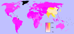 Map showing the prevalence of "Abrahamic" (purple) and "Indian religions" (yellow) religions in each country.