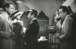 Principal cast of the movie, left to right: Victor Laszlo (Paul Henreid), Ilsa Lund (Ingrid Bergman), Captain Renault (Claude Rains) and Rick Blaine (Humphrey Bogart).