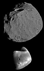 Phobos (top) and Deimos (bottom) are the two moons orbiting Mars