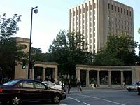 The main gates, called Roddick Gates, of McGill University, Montreal. The large square building in the back, right, is Burnside Hall.