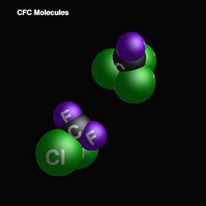 Molecules of chlorofluorocarbons (CFCs), which were once used extensively as refrigerants.