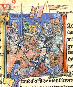 A mitred Adhémar de Monteil carrying one of the instances of the Holy Lance in one of the battles of the First Crusade.