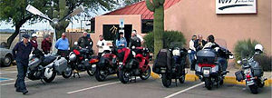 Motorcyclists take a break from the road.