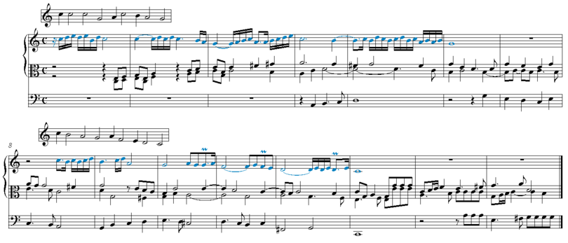 Opening bars of Ein feste Burg ist unser Gott BuxWV 184. The ornamented chorale in the upper voice is highlighted, original melody for the two lines present here is shown on separate staves. Note the basic imitative lines in bars 6-8 and 13-15.
