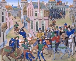 William Walworth (bottom left), kills Wat Tyler, at London Bridge.