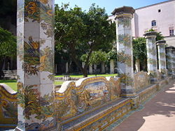 Pillars and benches in faience glaze in Napoli, Italy.