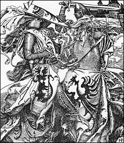 "Sir Kay breaketh his sword at ye Tournament," one of Pyle's Arthurian illustrations.