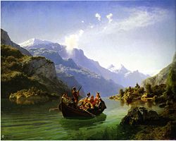 Brudeferden i Hardanger (Bridal party in Hardanger), a monumental piece within Norwegian romantic nationalism. Painted by Hans Gude and Adolph Tidemand.