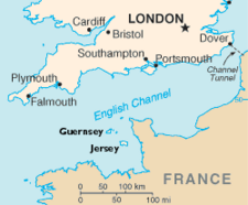 A map of south Great Britain and Northern France. Two of the channel islands (Jersey and Guernsey) are marked.
