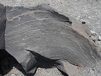 A sample of igneous rock. The light-colored tracks show the direction of lava flow.