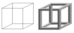 Drawing of the Necker cube and impossible cube.