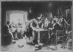 Signing of the Mayflower Compact, a painting by Edward Percy Moran, which hangs at the Plymouth Museum.