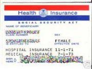 A Medicare card, with several areas of the card obscured to protect privacy. There are separate lines for Parts A and B, each with its own date. There are no lines for Parts C or D, as a separate card is issued for those benefits by the private insurance company.