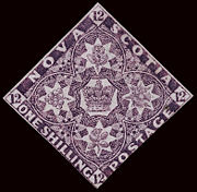 During the colonial period, Nova Scotia issued its own postage stamps printed in England. This distinctive diamond shape (issued between 1851 and 1857) was also used by neighboring New Brunswick.