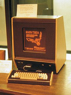 Plasma displays were first used in PLATO computer terminals. This PLATO V model illustrates the display's monochromatic orange glow as seen in 1981.