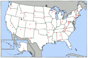 Map of high points as red circles, low points as green squares. Low points on coastlines are not shown.
