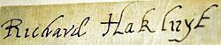 A manuscript signature of Hakluyt from the front flyleaf of the above work.