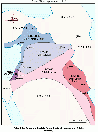 Zones of French and British influence and control proposed in the Sykes-Picot Agreement