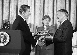 Sinatra receives the Presidential Medal of Freedom by President Ronald Reagan.
