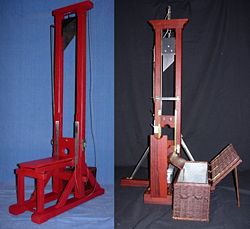 Historic replicas (1:6 scale) of the two main types of French guillotines: Model 1792, left, and Model 1872 (state as of 1907), right.