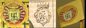 Hasekura had an official coat of arms, consisting of a Buddhist swastika crossed by two arrows, within a shield and surmounted by a crown, on an orange background. It is depicted in Deruet's painting, the Roman citizenship certificate (top left), various engravings (middle), and was used as the flag on his ship (right).
