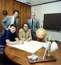 Planetary Society members at the organization's founding. Carl Sagan is seated to the right.