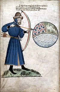 John Gower shooting the world, a sphere of earth, air, and water (from an edition of his works c.1400)
