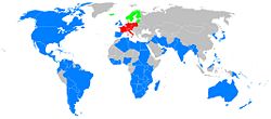 The provinces of the 'Anglican Communion are shown in blue. Also show are the other churches in full communion with the Anglican Church: The Nordic Lutheran churches of the Porvoo Communion (Green), and the Old Catholic Churches in the Utrecht Union (Red).