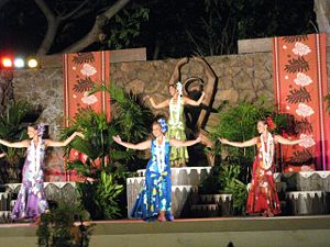 Hula ʻauana, part of a stage performance for visitors.