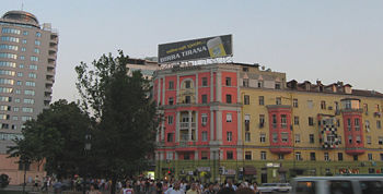 Birra Tirana (pilsner beer) advertized in downtown Tirana.