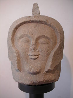 An Etruscan warrior head figure used as a cippus (grave marker) in the necropolis Crocifisso del Tufo outside Orvieto
