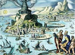 A fanciful medieval interpretation of the Pharos with the Heptastadion connecting the island to the mainland